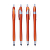 A collection of four orange stylus pens with silver accents, featuring both retractable and capped designs.