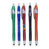 A set of five stylus pens in green, blue, red, black, and orange, each with a silver trim and a logo.