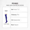 Knee high socks in purple, featuring a thin design and suitable for adults sized 7-12. Includes a branding logo.