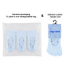 A biodegradable bag containing three pairs of pale blue yoga toe socks, featuring a custom header card.