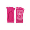 Bright pink open top yoga toe socks featuring non-slip grip on the soles and a logo.