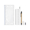 A clear pencil case containing a pencil, black pen, ruler, sharpener, and eraser.