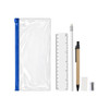 A transparent stationery pouch in blue containing a pencil, pen, ruler, sharpener, and eraser.