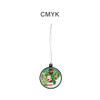 A hanging decorative ball featuring a festive Christmas design with Santa Claus, predominantly green and red colours. It has a logo.