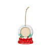 A custom shape wooden ornament featuring a festive design with a blank centre, decorated in red and green colours.