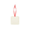 A ceramic ornament in white with a decorative lace-like border and a red hanging ribbon.