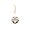 A round ceramic ornament featuring a festive design with red, green, and gold elements, and a golden hanging string.