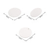 A set of three white ceramic ornaments in various shapes: scalloped, oval, and round, with measurement details included.