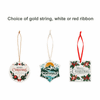 Ceramic ornaments in various designs, featuring gold string, and red or white ribbon options.