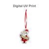A custom-shaped acrylic ornament featuring a cartoon Santa holding a sign, with a red ribbon for hanging.