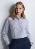 A long sleeve women's shirt in navy and white check pattern, featuring a collar and button-down front.