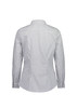 A long sleeve shirt in a white and black check pattern with a collar and buttoned cuffs, featuring a logo.