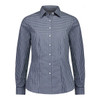 A women's long sleeve shirt in navy and white check pattern, featuring a collared neckline and button front.