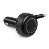 A black retractable car charger with a USB-C cable attachment and a built-in logo.