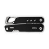 A multi-tool featuring a black body, metal components, and a carabiner clip for convenient attachment.