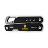 A black multi-tool featuring a carabiner clip and silver attachments, with a logo on one side.