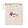 A cream drawstring bag featuring a logo and designed for fitness storage.