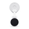A white phone holder with a black magnetic base and a suction cup for mounting. It features a logo on the back.