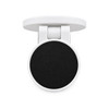 A circular phone holder in white and black, featuring a sleek design. It includes a logo on the back.