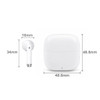 White half in-ear design earbuds next to a matching charging case, displaying dimensions for size reference.