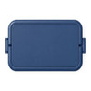 A blue double tray lunchbox featuring a secure lid and a simple design, with a logo on the surface.