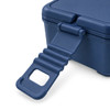 A navy blue lunchbox features a double tray design with a flexible carrying handle. It includes a logo on the surface.