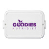 A white double tray lunchbox with a logo in purple, featuring compartments for food storage.