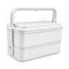 A double-layer lunchbox in white with a handle and a securing latch for easy transporting.