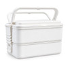 A white double tray lunchbox with a handle and two stacked compartments, featuring a simple design.