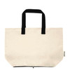 A beige foldable tote bag with black handles and a zip closure, featuring a logo on the side.