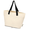 A cream-coloured tote bag with black handles. Features a logo and a zip closure at the base.