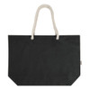A black tote bag with a rope handle and a fabric logo tag.