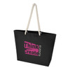 A black recycled tote bag with a rope handle and a logo featuring pink text.