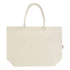 A large, light-coloured tote bag with rope handles and a branded tag.