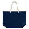 A navy blue tote bag with a rope handle and a simple design, featuring a logo on the side.