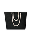 A black tote bag with white rope handles and a logo. Simple design suitable for carrying items.
