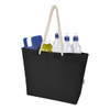 A black tote bag with a rope handle, filled with water bottles, a blue cooler, and green fruit. It features a logo.