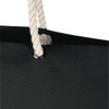 A black beach tote bag with a white rope handle and a silver eyelet. It features a simple, modern design.