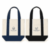 Two canvas totes displayed side by side: one navy blue with a logo, and one black with a different logo, both cream-coloured.