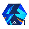 A mini pocket umbrella featuring a blue and navy geometric design, with a logo on one panel.