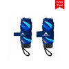 A mini pocket umbrella in blue with a case, featuring a branded logo, displayed in a compact rolled form.