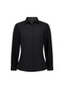A black long sleeve women's shirt with a button-up front and a fitted design, featuring a logo.