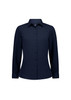 A women's long sleeve shirt in navy blue with a button-down front and a collar, featuring a logo on the label.