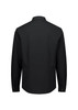 A black long sleeve men's shirt with a collar and buttoned cuffs, featuring a logo on the back.
