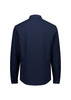 A navy blue long sleeve shirt with a collar and buttoned cuffs, featuring a branding logo.