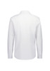 A white long sleeve shirt with a collar and buttoned cuffs, featuring a logo on the label.