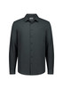 A men's long sleeve shirt in dark grey with a button-up front and collar, featuring a logo on the label.