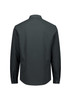 A dark grey long sleeve shirt with a collared neck and buttoned cuffs, featuring a logo on the back.