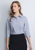 A fitted women's 3/4 sleeve shirt in a blue and white check pattern, featuring a collar and button-down front.