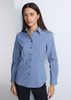 A blue and white striped long sleeve shirt with a button-down front, featuring a logo.